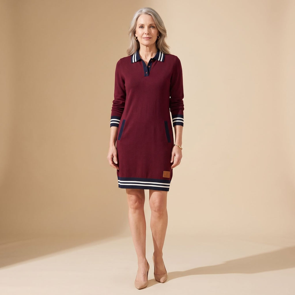 Women's Quarter-Zip Polo Sweater Dress Long-Sleeve Striped-Trim - Red