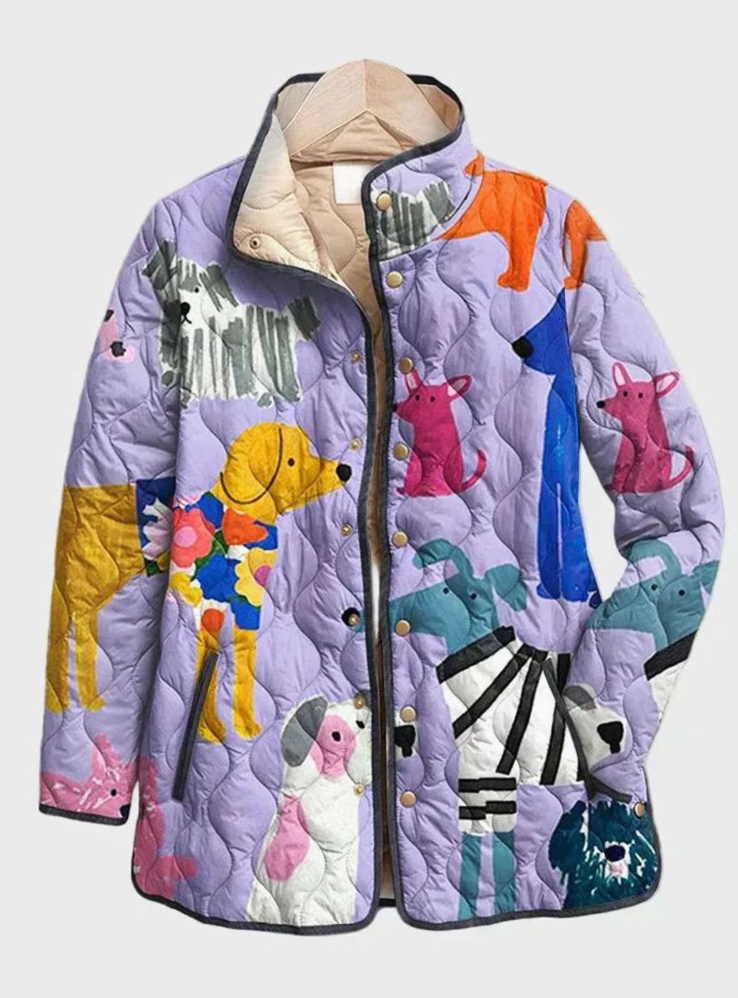 Women's Quilted Dog Print Snap-Button Jacket - Multicolor