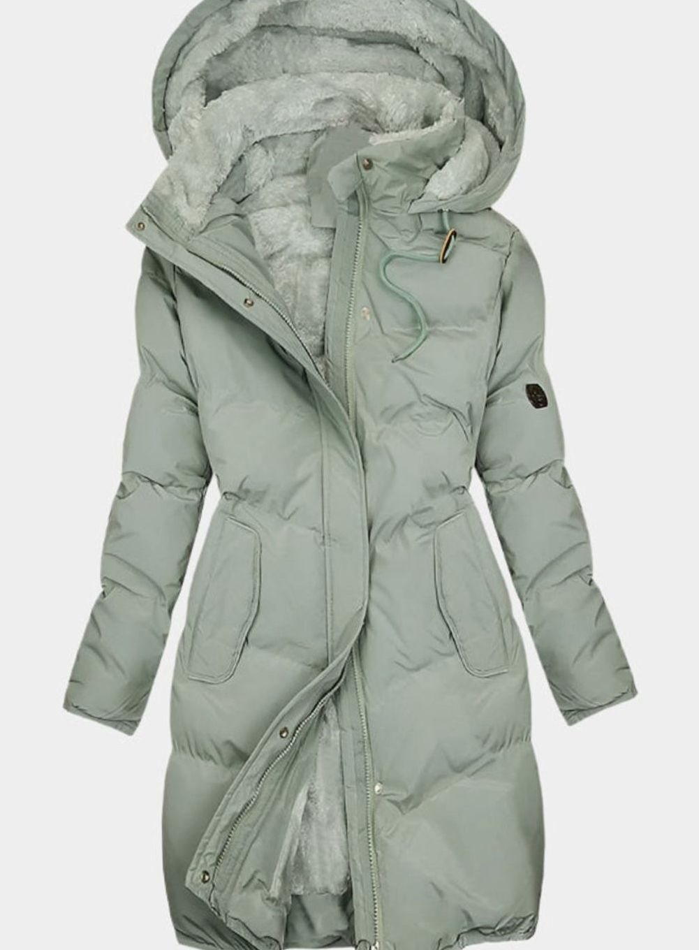 Women's Quilted Fleece-Lined Long Hooded Coat Full-Zip Parka - Green