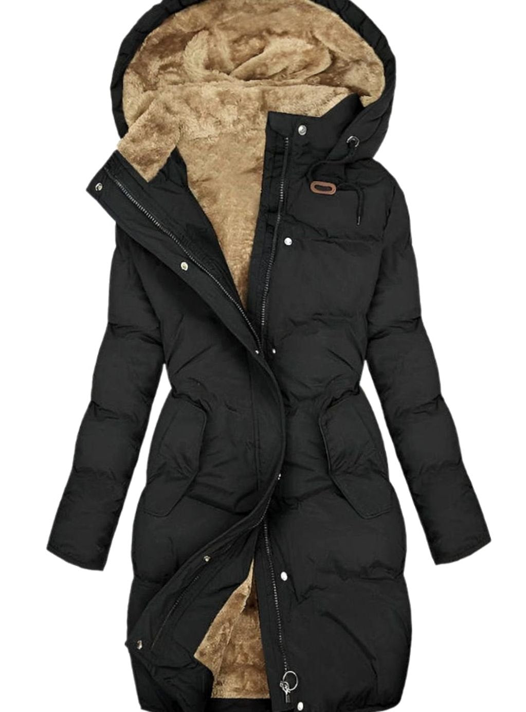 Women's Quilted Fleece-Lined Long Hooded Coat Full-Zip Parka - Black