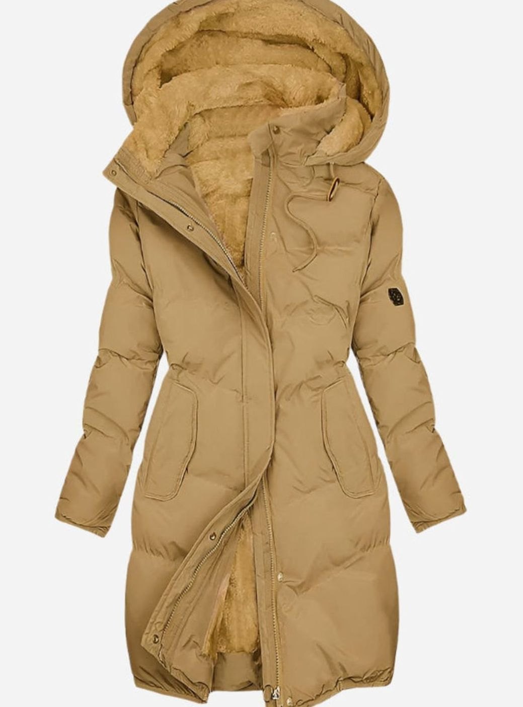 Women's Quilted Fleece-Lined Long Hooded Coat Full-Zip Parka - Yellow
