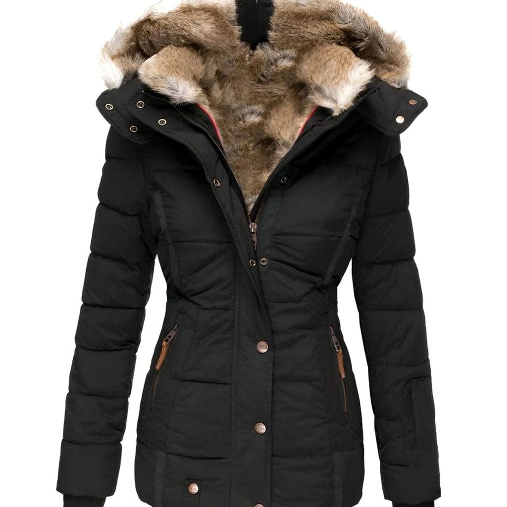 Women's Quilted Fur-Hood Zip-Up Winter Puffer Jacket - Black