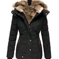 Women's Quilted Fur-Hood Zip-Up Winter Puffer Jacket - Black