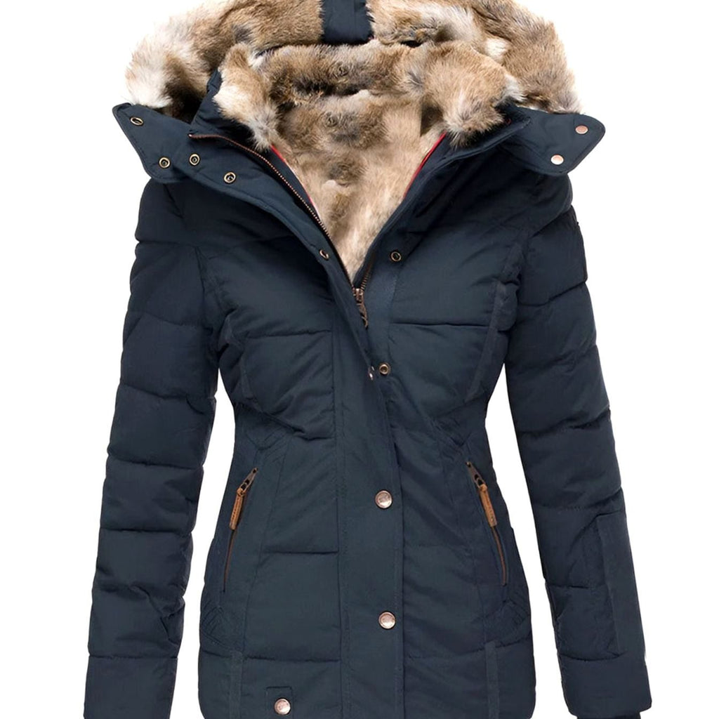 Women's Quilted Fur-Hood Zip-Up Winter Puffer Jacket - Navy Blue
