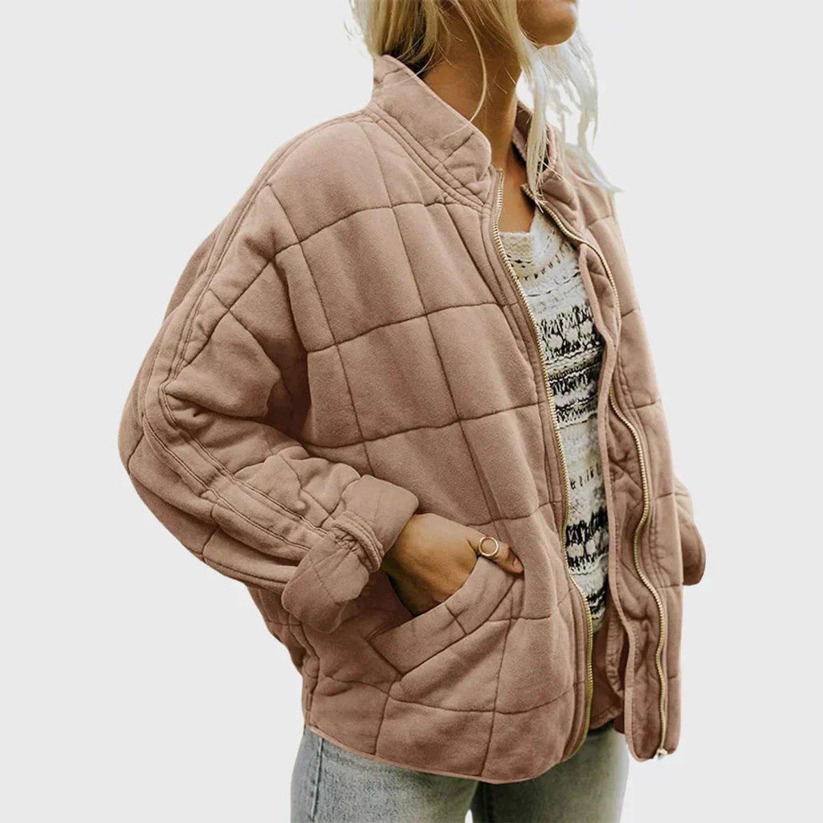 Women's Quilted Jacket Zip-Up Stand-Collar Puffer Coat - Khaki