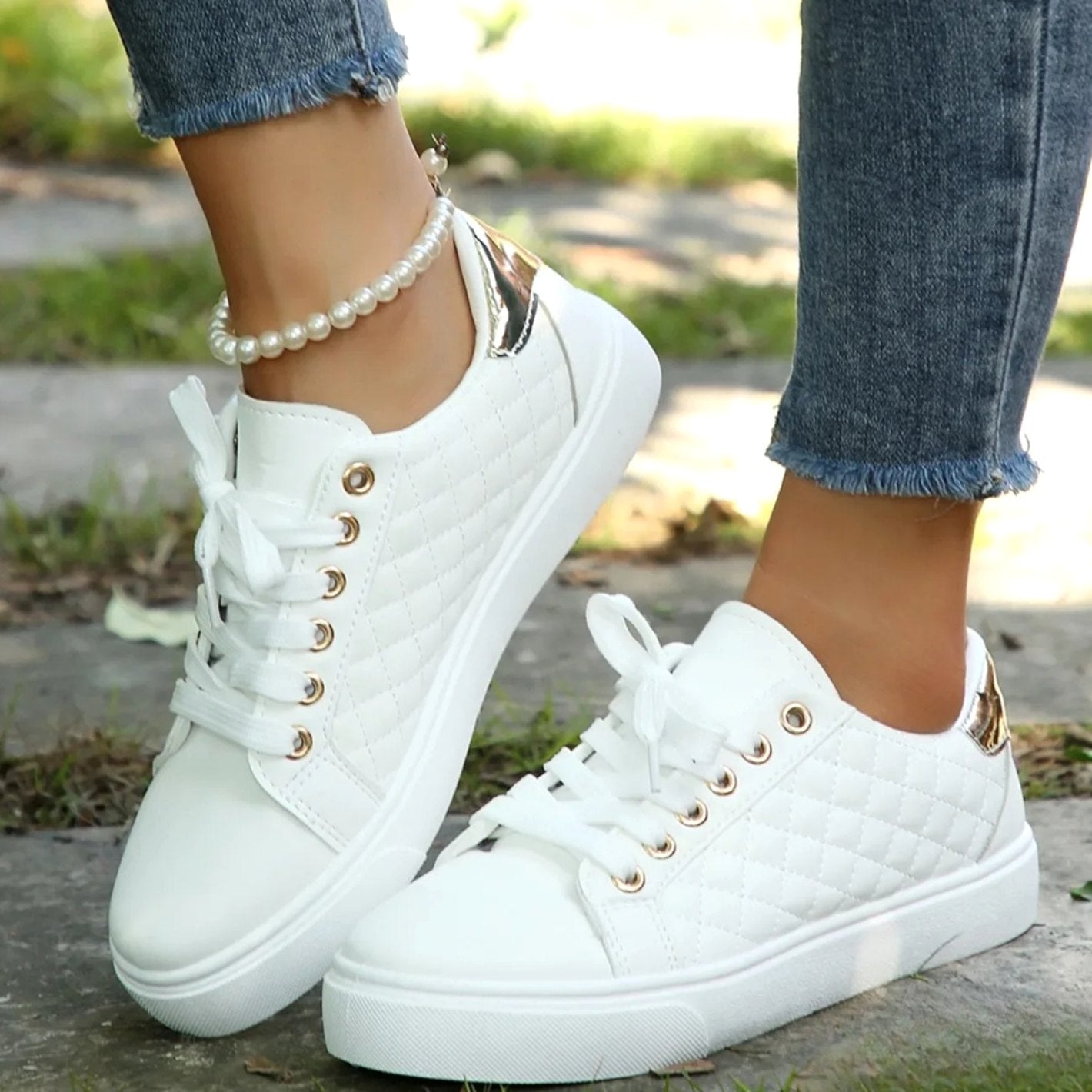 Women's Quilted Lace-Up Gold-Detail Orthopedic Shoes Sneakers