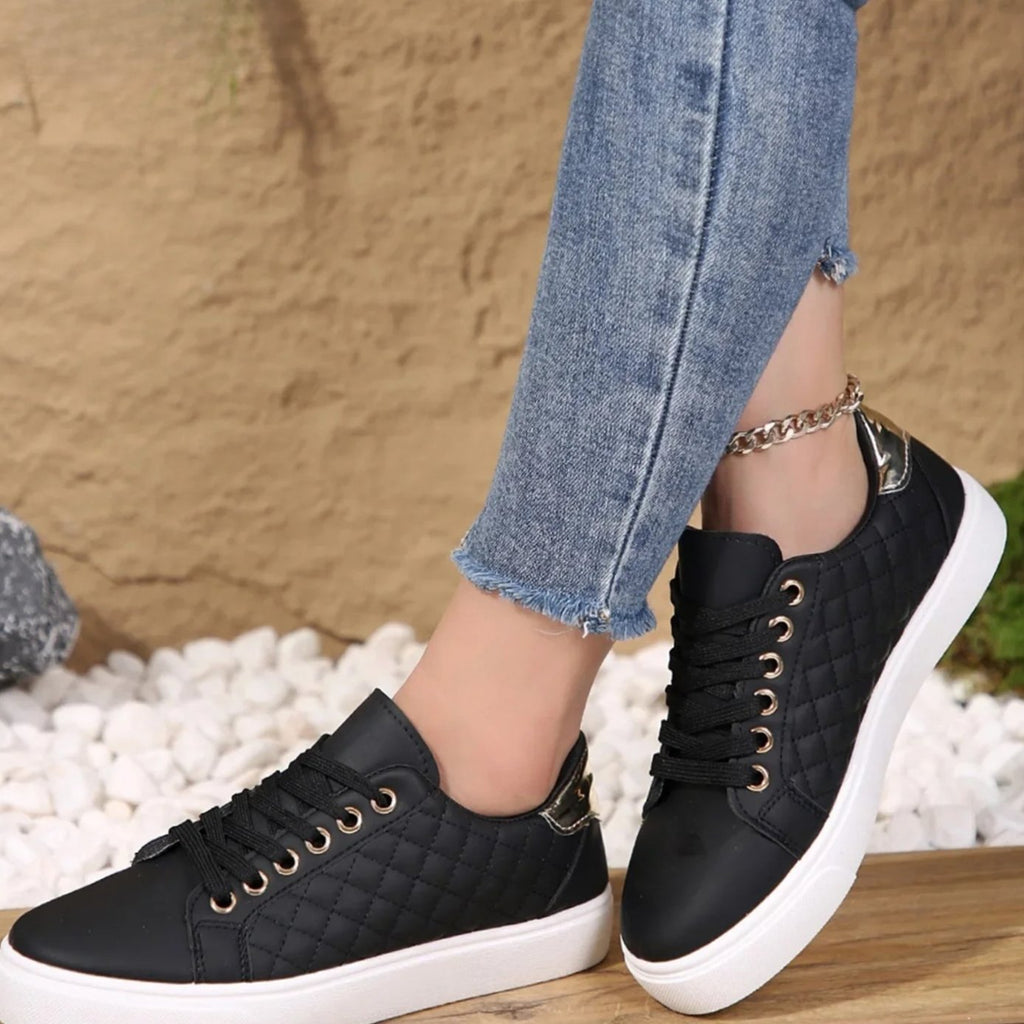 Women's Quilted Lace-Up Gold-Detail Orthopedic Shoes Sneakers - Black