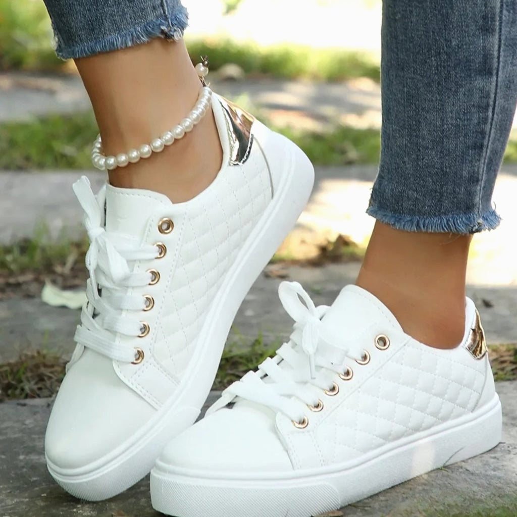 Women's Quilted Lace-Up Gold-Detail Orthopedic Shoes Sneakers - White