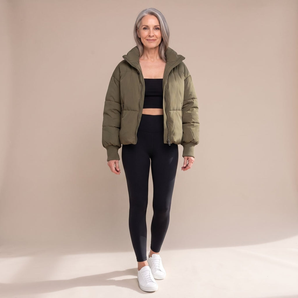 Women's Quilted Relaxed-Fit High-Neck Puffer Jacket - Olive