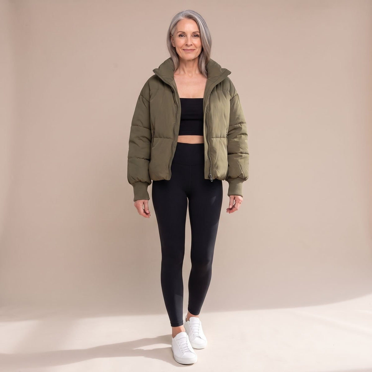 Women's Quilted Relaxed-Fit High-Neck Puffer Jacket - Olive