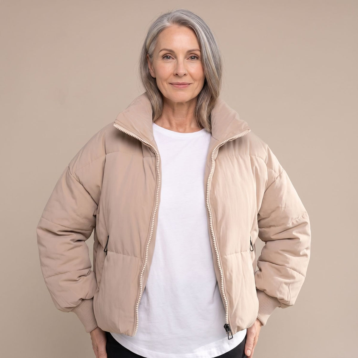 Women's Quilted Relaxed-Fit High-Neck Puffer Jacket - Khaki