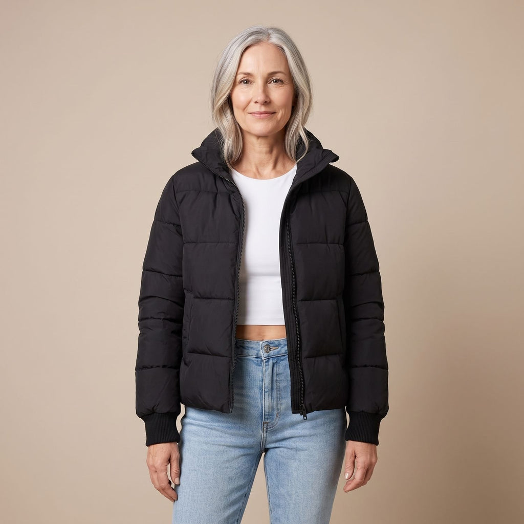 Women's Quilted Relaxed-Fit High-Neck Puffer Jacket - Black