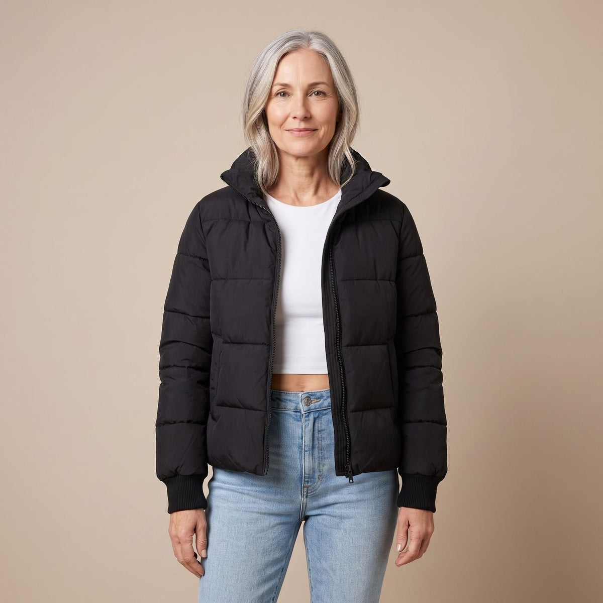 Women's Quilted Relaxed-Fit High-Neck Puffer Jacket - Black