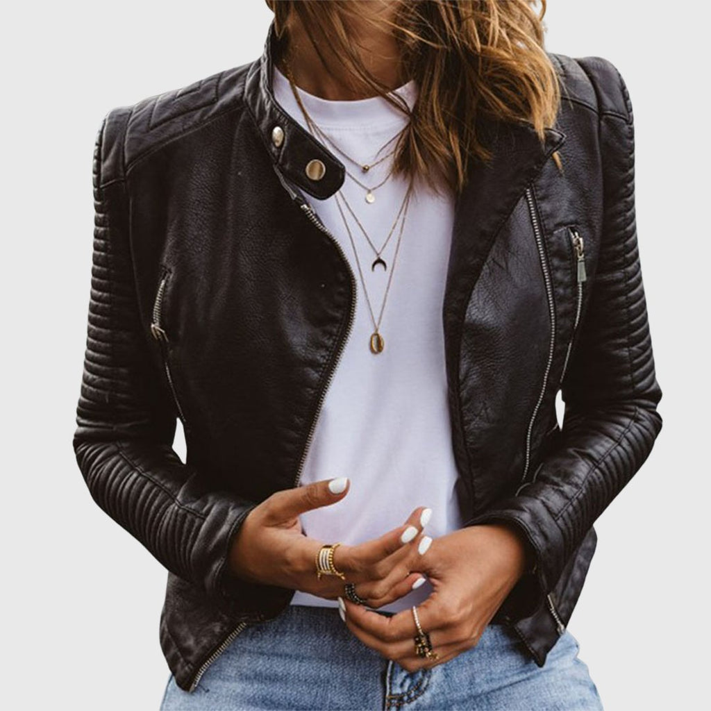 Women's Quilted-Sleeve Moto Genuine Leather Biker Jacket