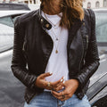 Women's Quilted-Sleeve Moto Genuine Leather Biker Jacket