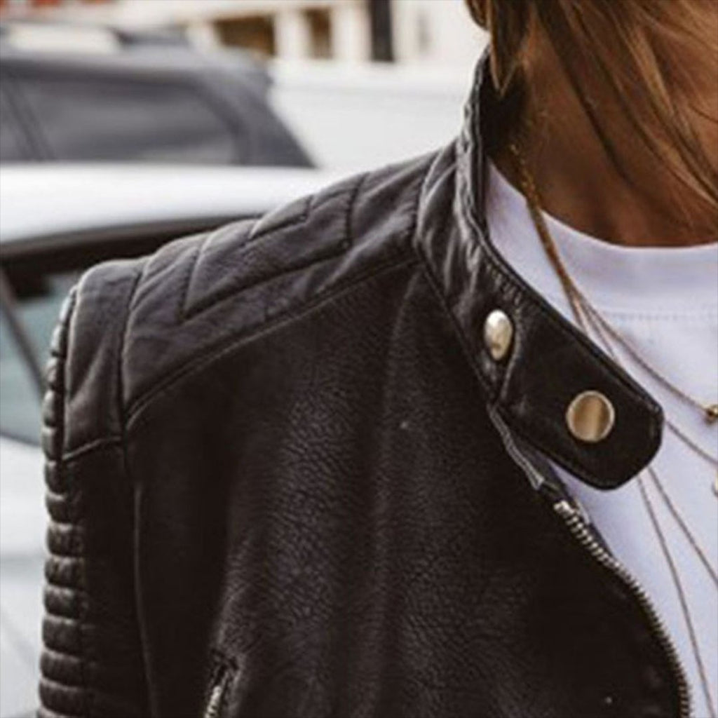 Women's Quilted-Sleeve Moto Genuine Leather Biker Jacket