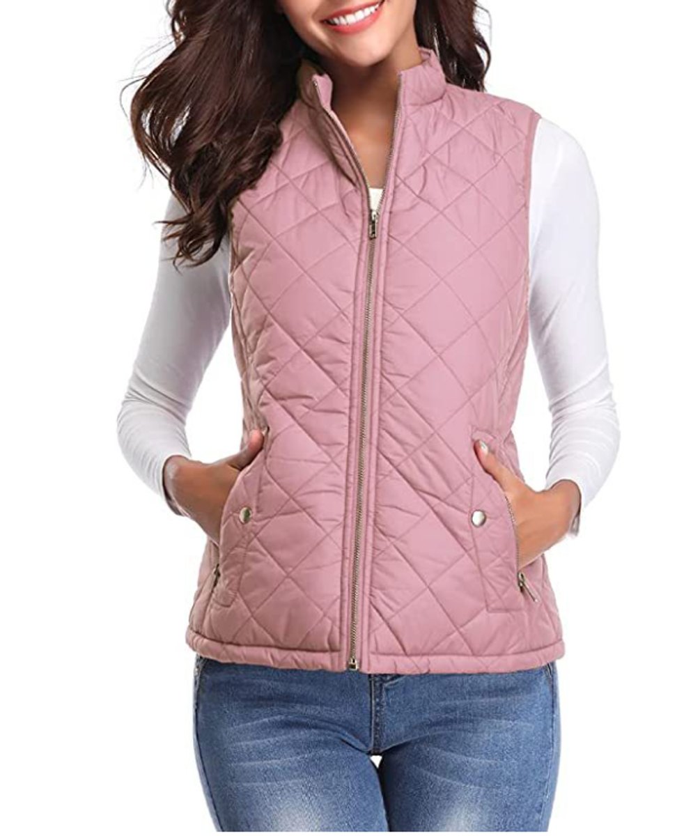 Women's Quilted Zip-Up Puffer Vest Sleeveless Stand Collar - Pink
