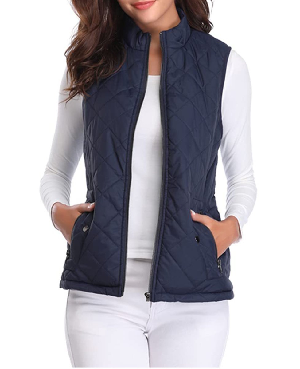 Women's Quilted Zip-Up Puffer Vest Sleeveless Stand Collar - Blue