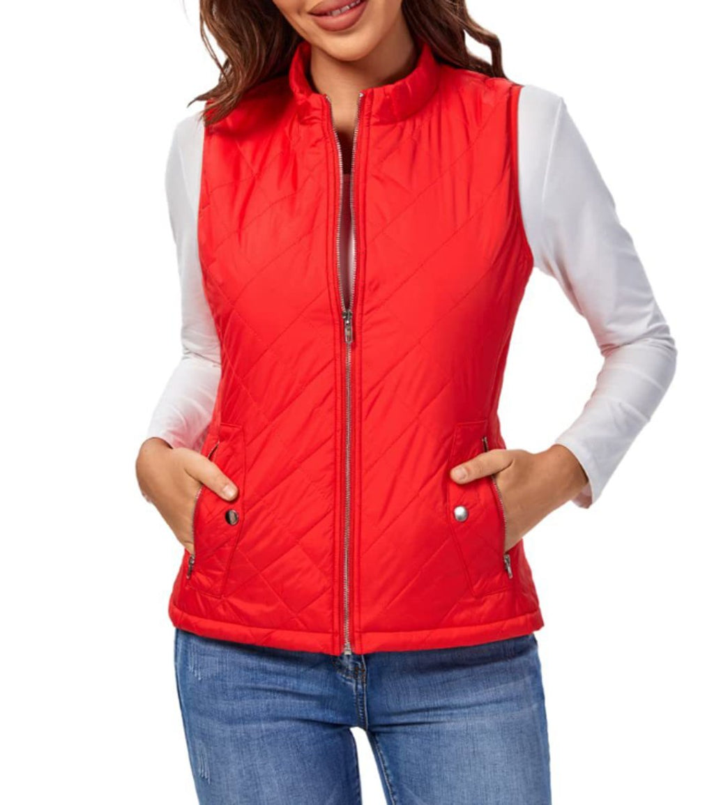 Women's Quilted Zip-Up Puffer Vest Sleeveless Stand Collar - Red