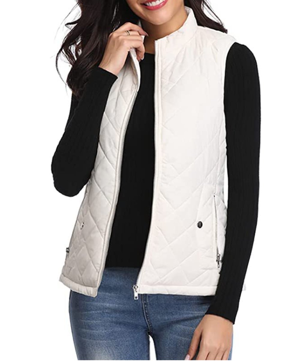 Women's Quilted Zip-Up Puffer Vest Sleeveless Stand Collar - White