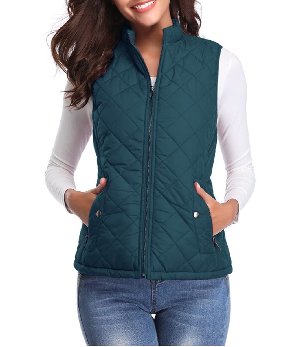 Women's Quilted Zip-Up Puffer Vest Sleeveless Stand Collar - Ocean Blue