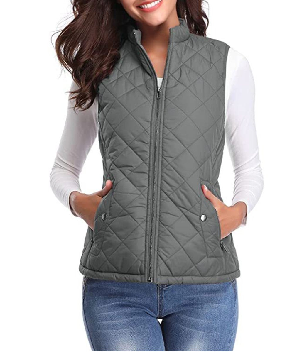 Women's Quilted Zip-Up Puffer Vest Sleeveless Stand Collar - Gray