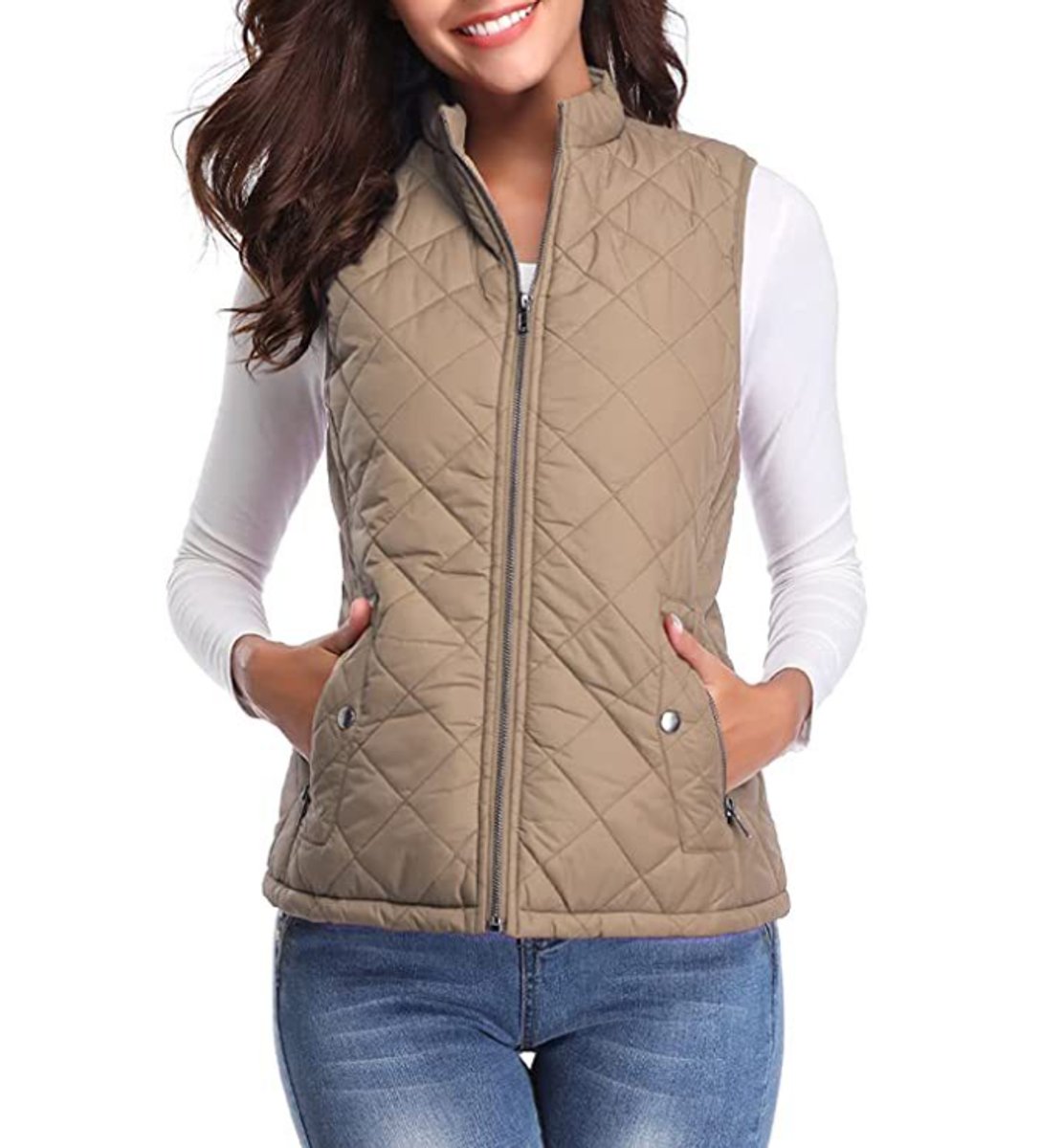 Women's Quilted Zip-Up Puffer Vest Sleeveless Stand Collar - Light Mocha