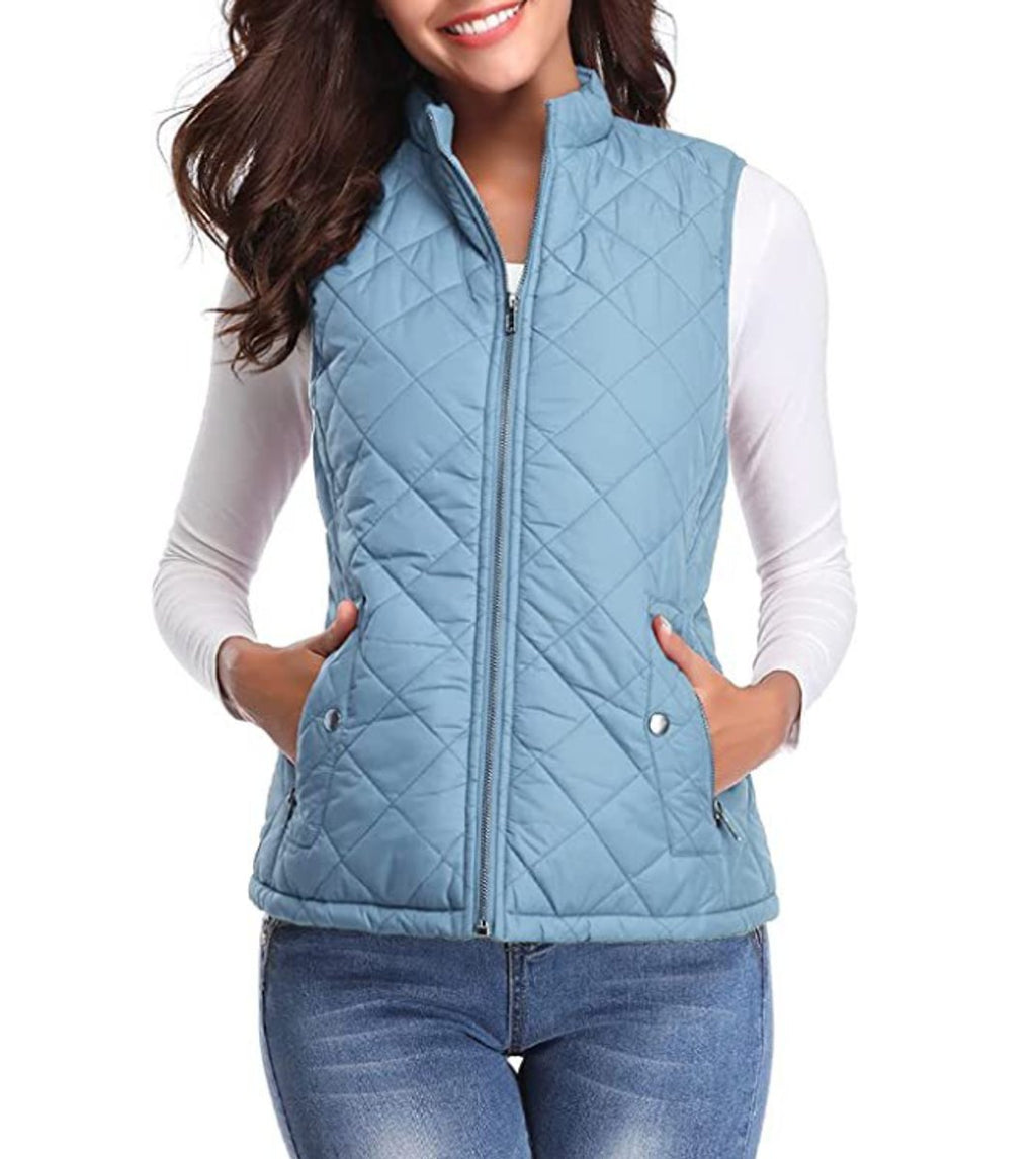 Women's Quilted Zip-Up Puffer Vest Sleeveless Stand Collar - Light Blue