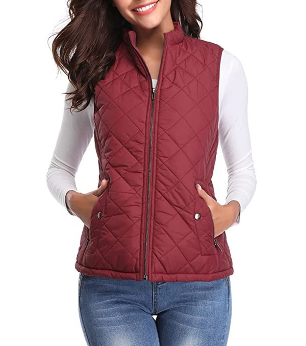 Women's Quilted Zip-Up Puffer Vest Sleeveless Stand Collar - Burgundy