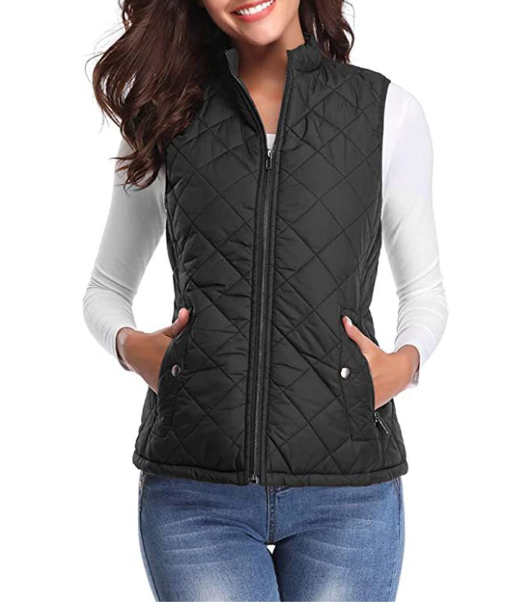 Women's Quilted Zip-Up Puffer Vest Sleeveless Stand Collar - Black