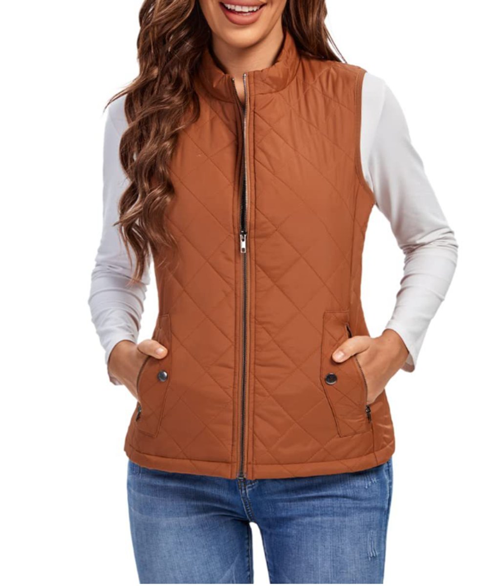 Women's Quilted Zip-Up Puffer Vest Sleeveless Stand Collar - Khaki