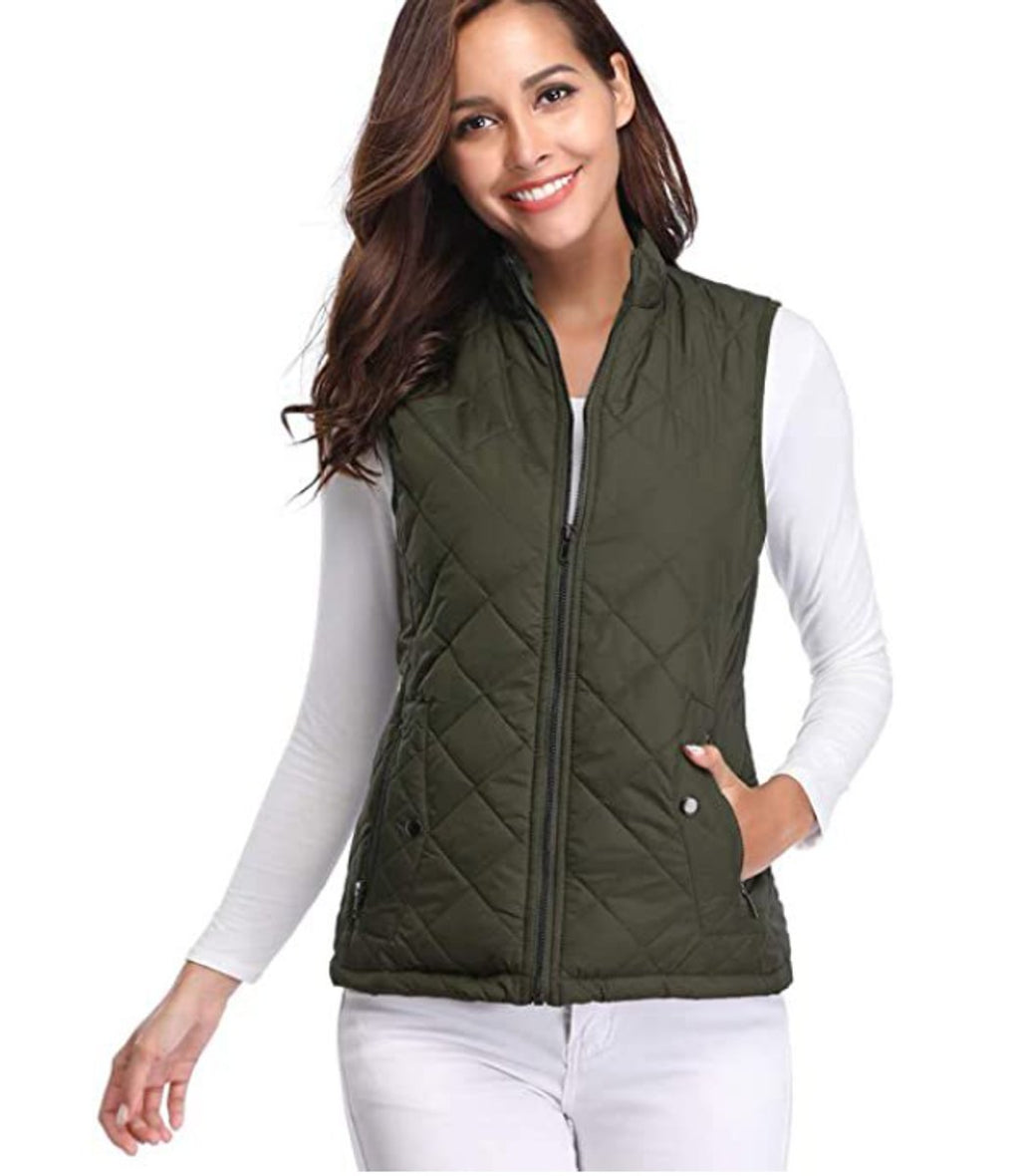 Women's Quilted Zip-Up Puffer Vest Sleeveless Stand Collar - Olive Green