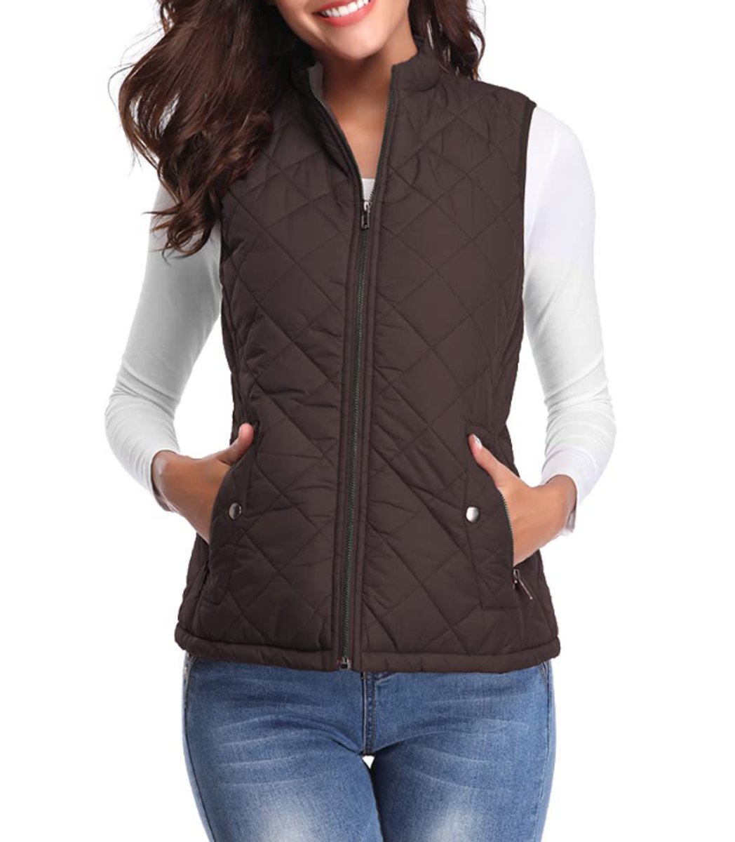 Women's Quilted Zip-Up Puffer Vest Sleeveless Stand Collar - Brown