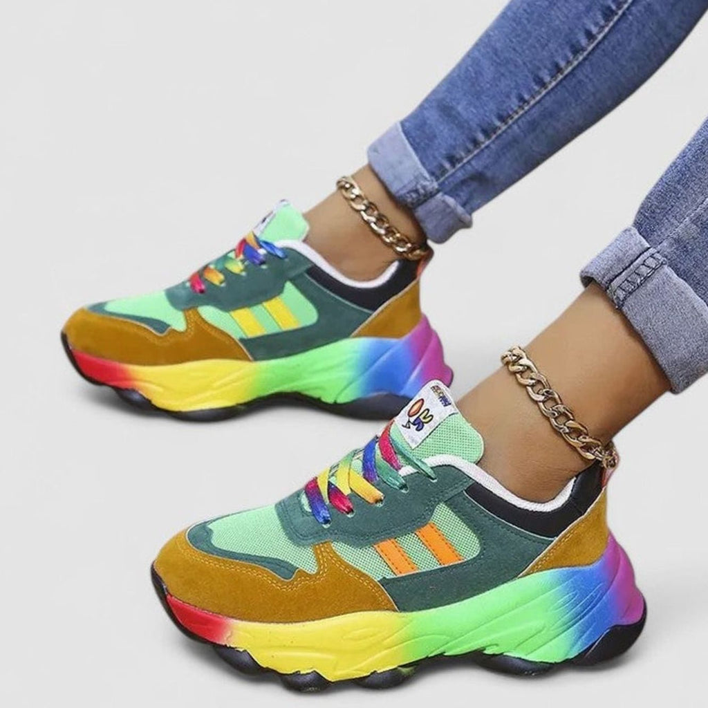 Women's Rainbow Sole Colorblock Lace-Up Fashion Sneakers - Green