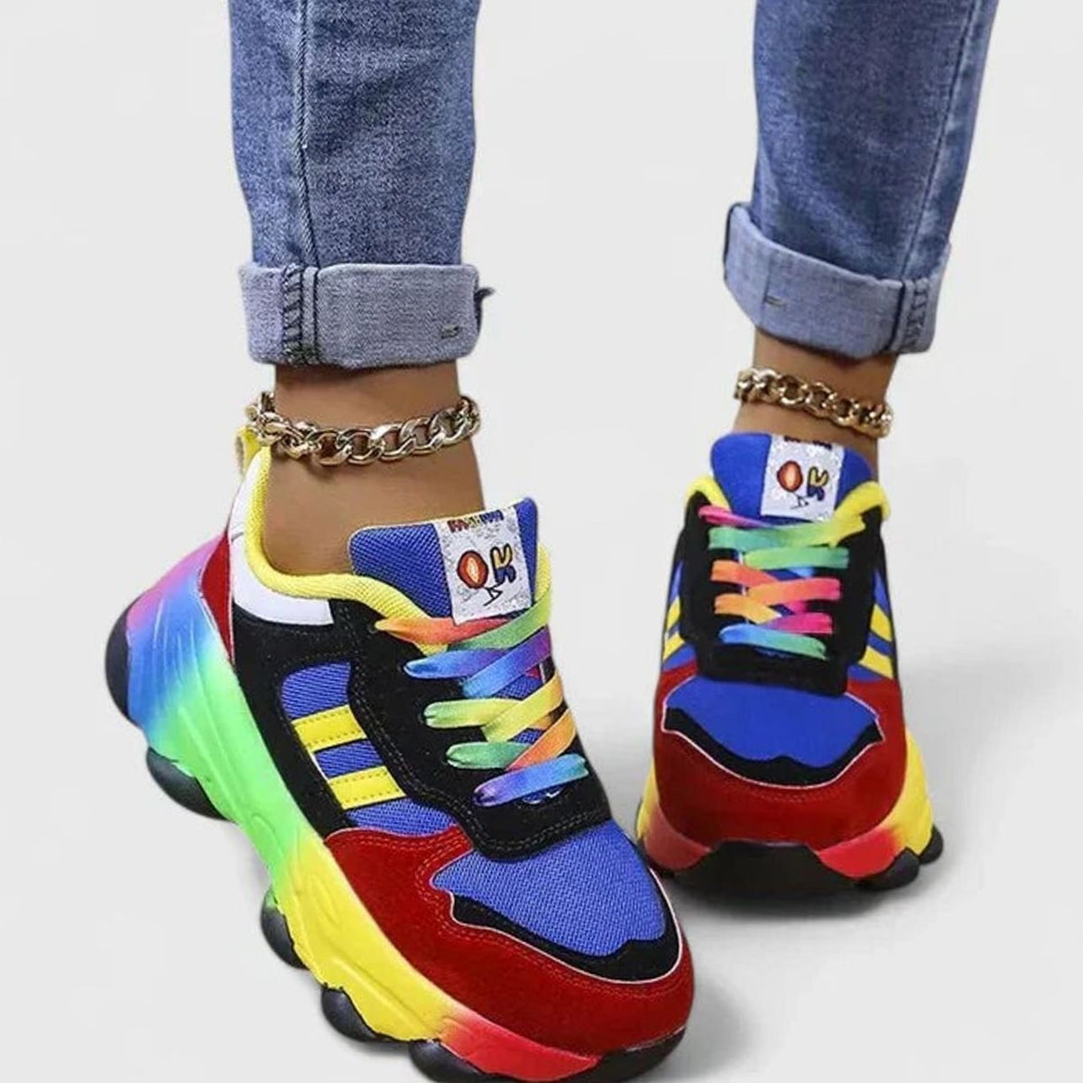 Women's Rainbow Sole Colorblock Lace-Up Fashion Sneakers - Blue