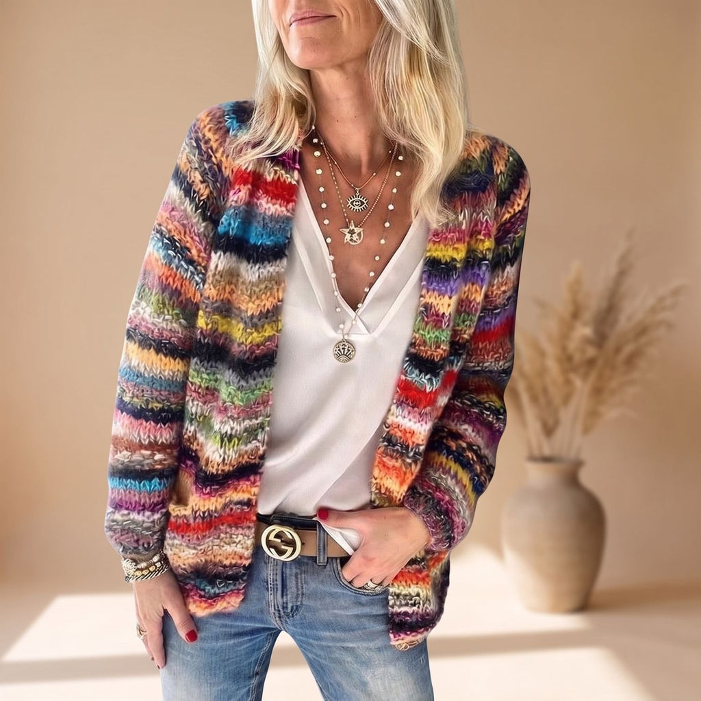 Women's Rainbow Striped Open-Front Knit Cardigan