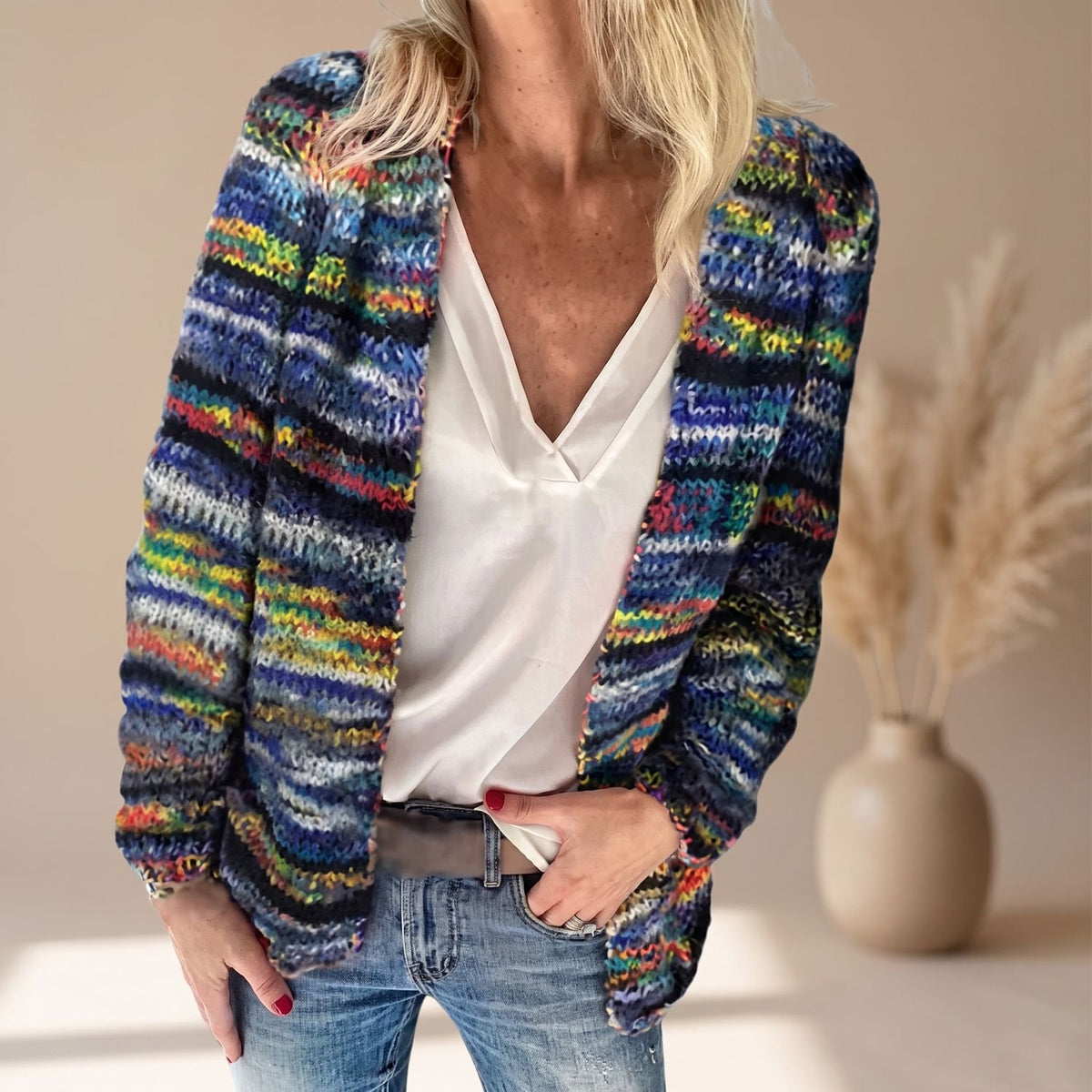Women's Rainbow Striped Open-Front Knit Cardigan - Blue