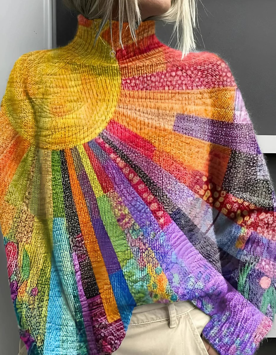 Women's Rainbow Turtleneck Pullover Sweater Colorblock Knit