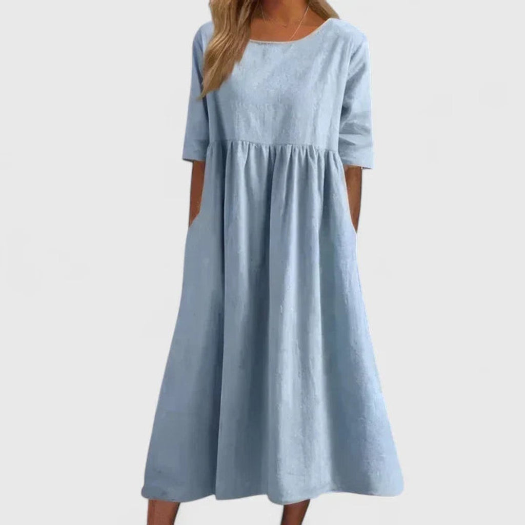 Women's Relaxed A-Line Half Sleeve Long Dress Pockets - Sky Blue