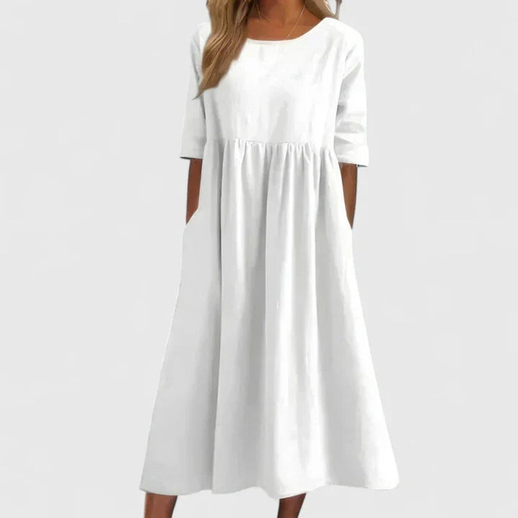 Women's Relaxed A-Line Half Sleeve Long Dress Pockets - White