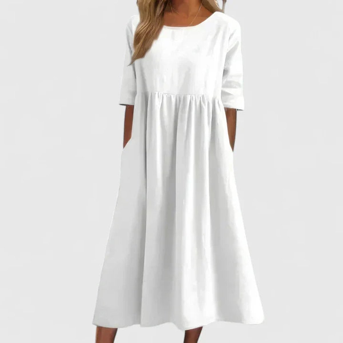 Women's Relaxed A-Line Half Sleeve Long Dress Pockets - White