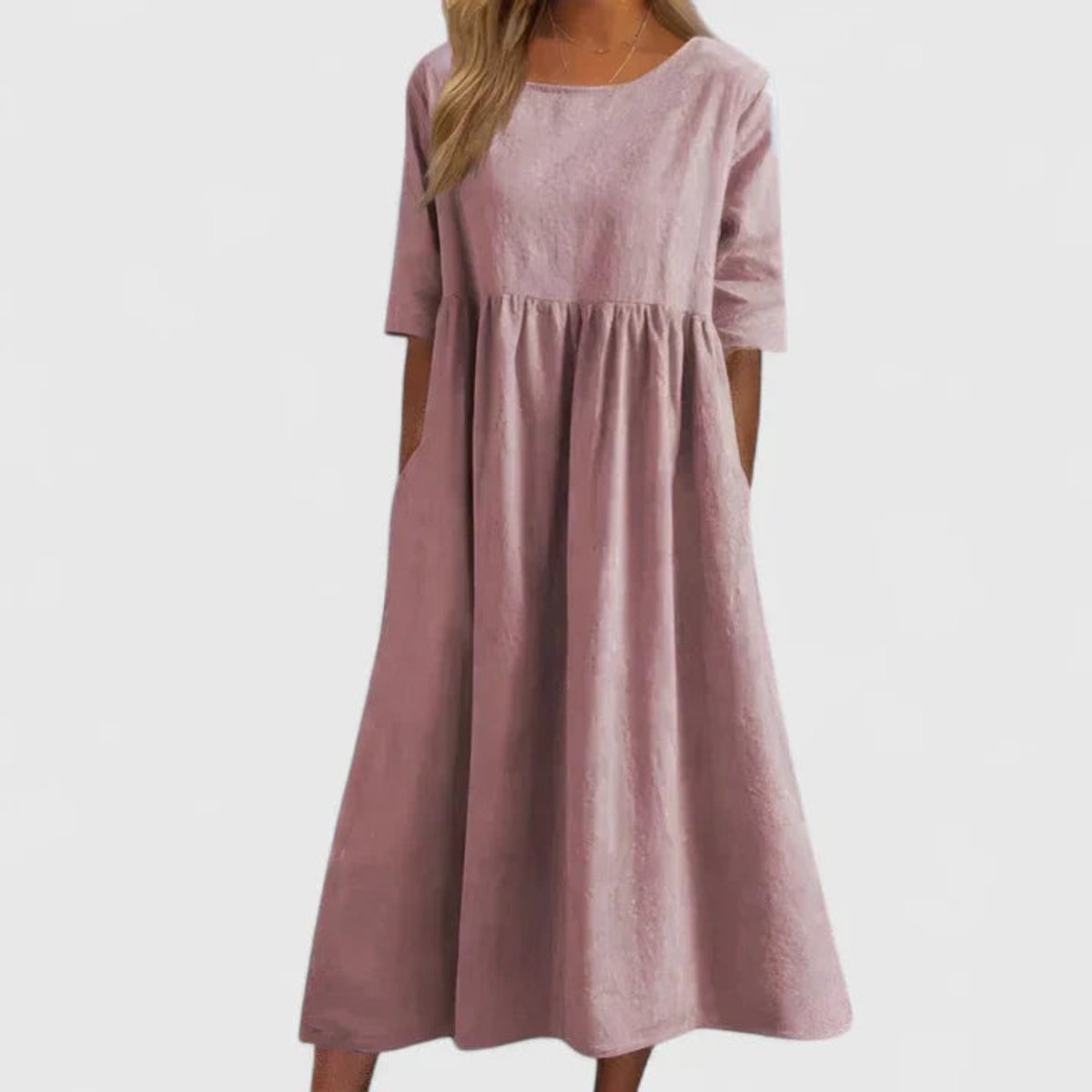 Women's Relaxed A-Line Half Sleeve Long Dress Pockets - Pink
