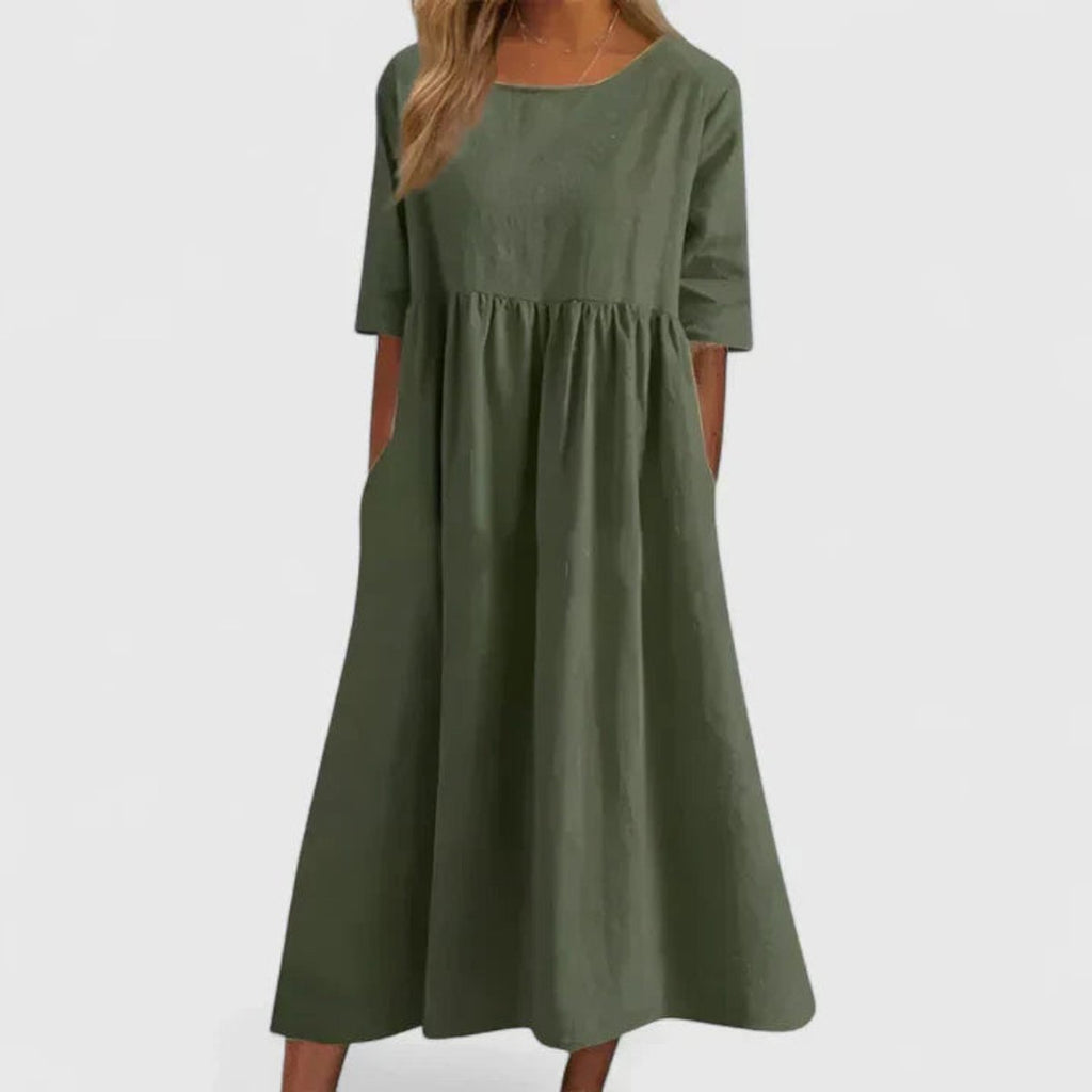 Women's Relaxed A-Line Half Sleeve Long Dress Pockets - Green