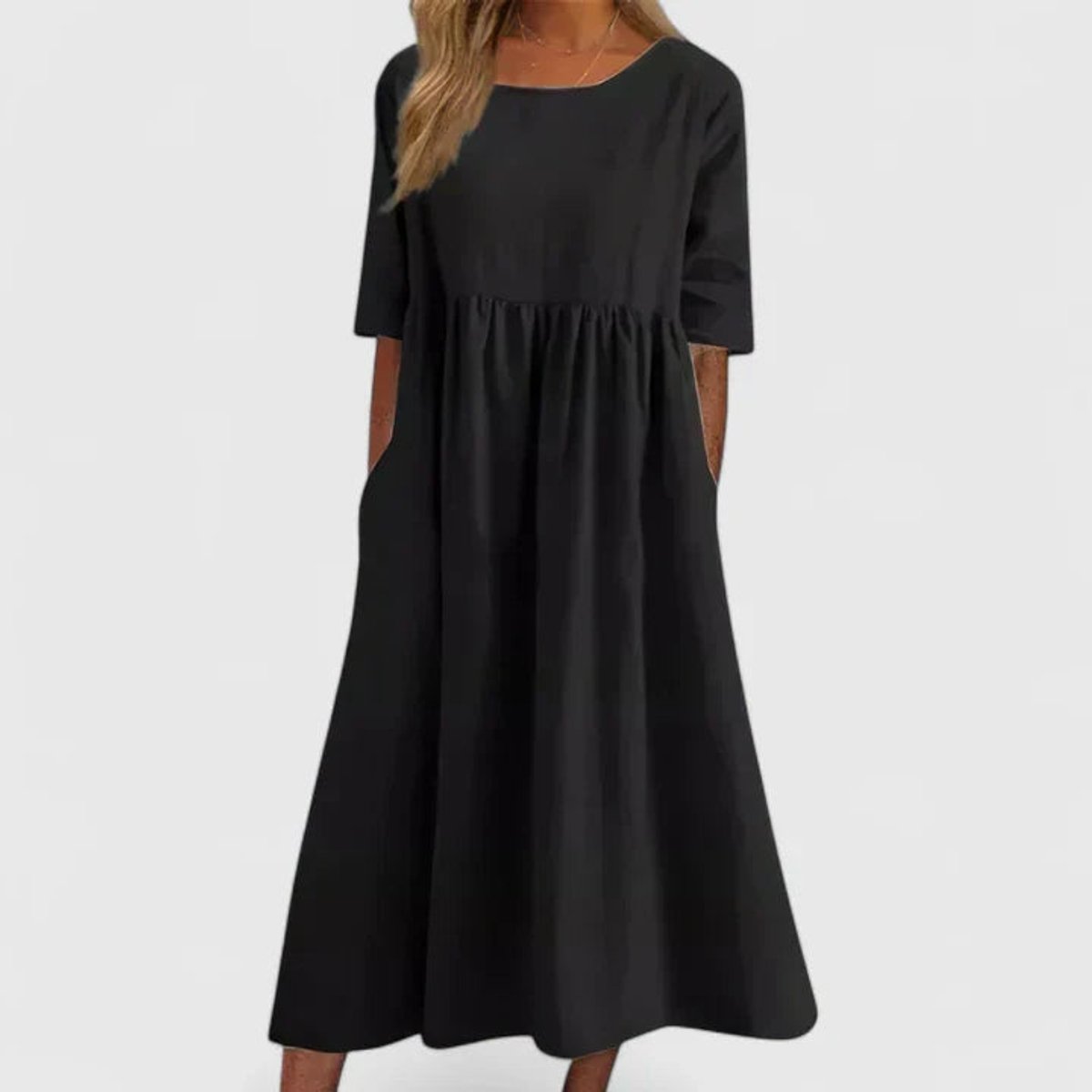 Women's Relaxed A-Line Half Sleeve Long Dress Pockets - Black