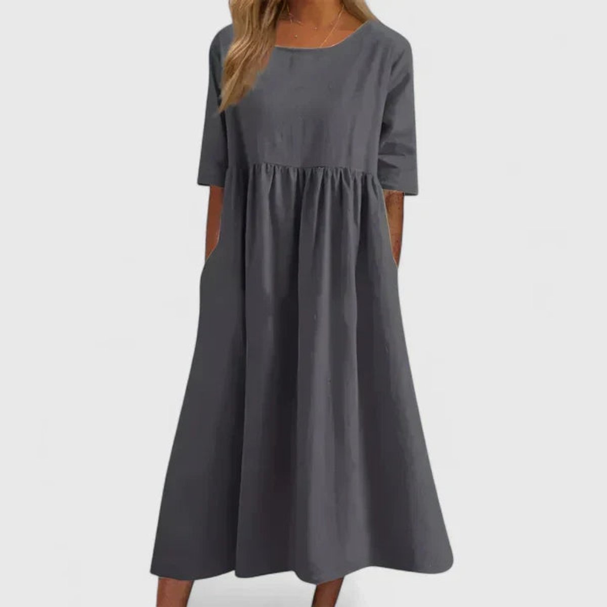 Women's Relaxed A-Line Half Sleeve Long Dress Pockets - Gray