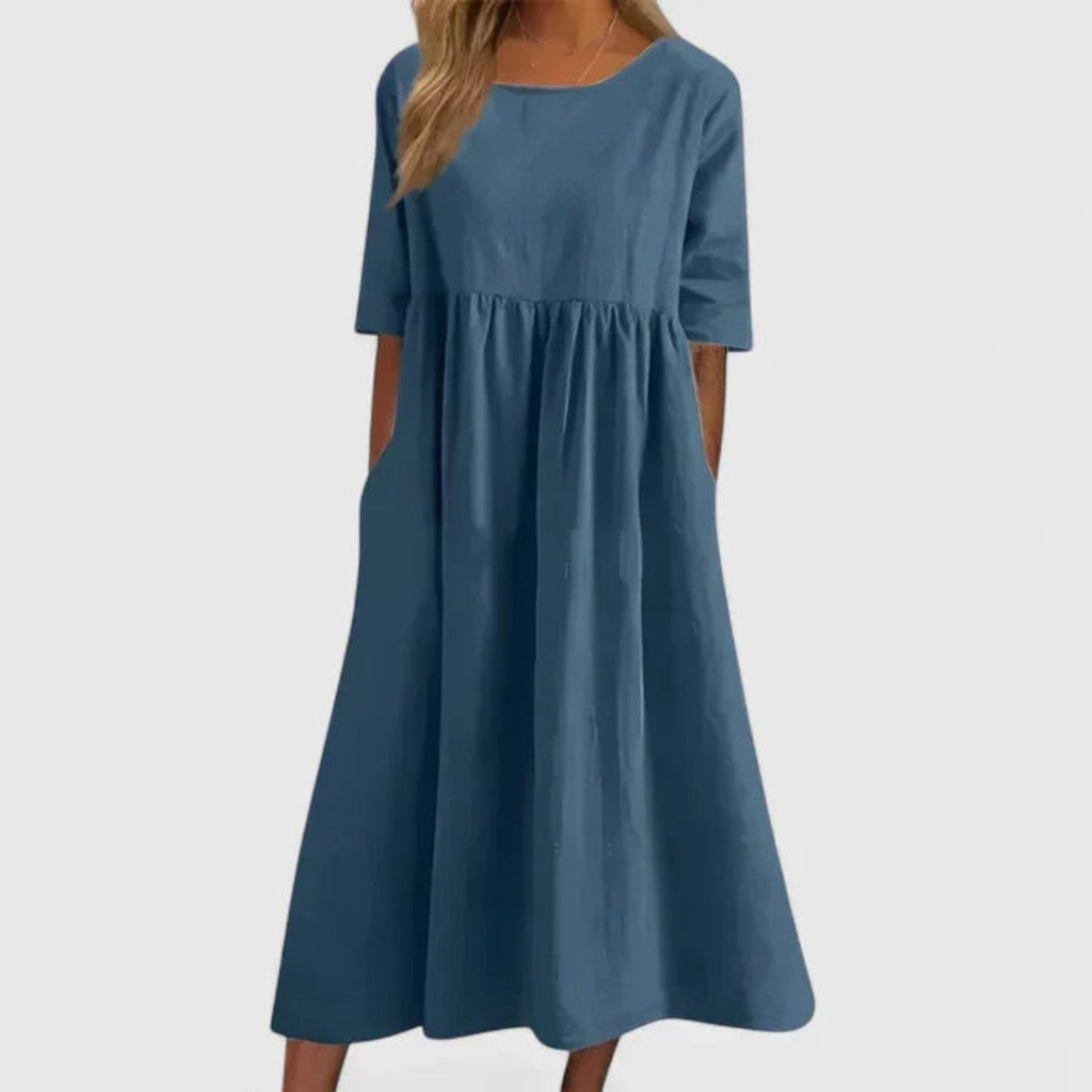 Women's Relaxed A-Line Half Sleeve Long Dress Pockets - Blue