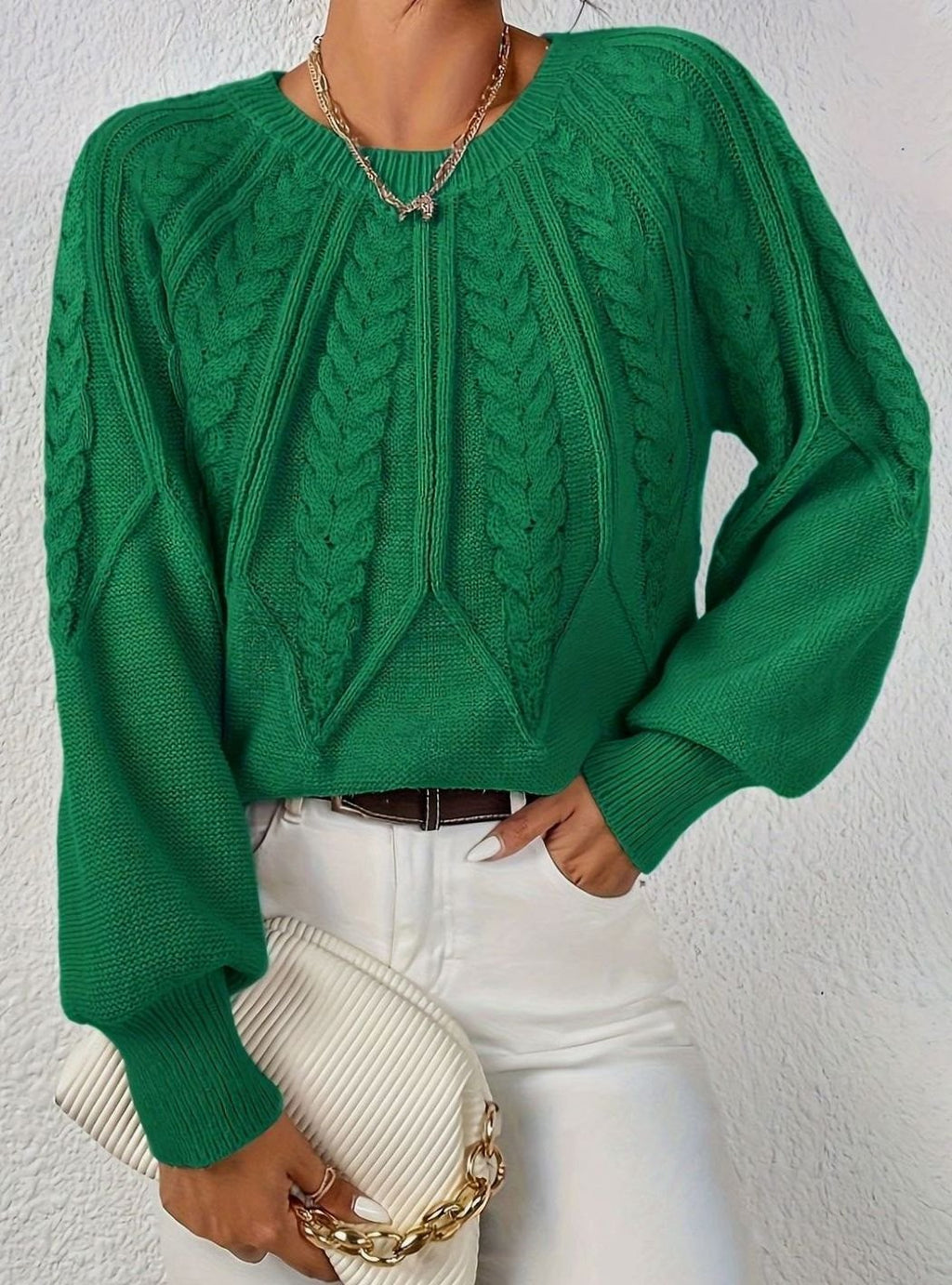 Women's Relaxed Cable-Knit Lantern-Sleeve Sweater
