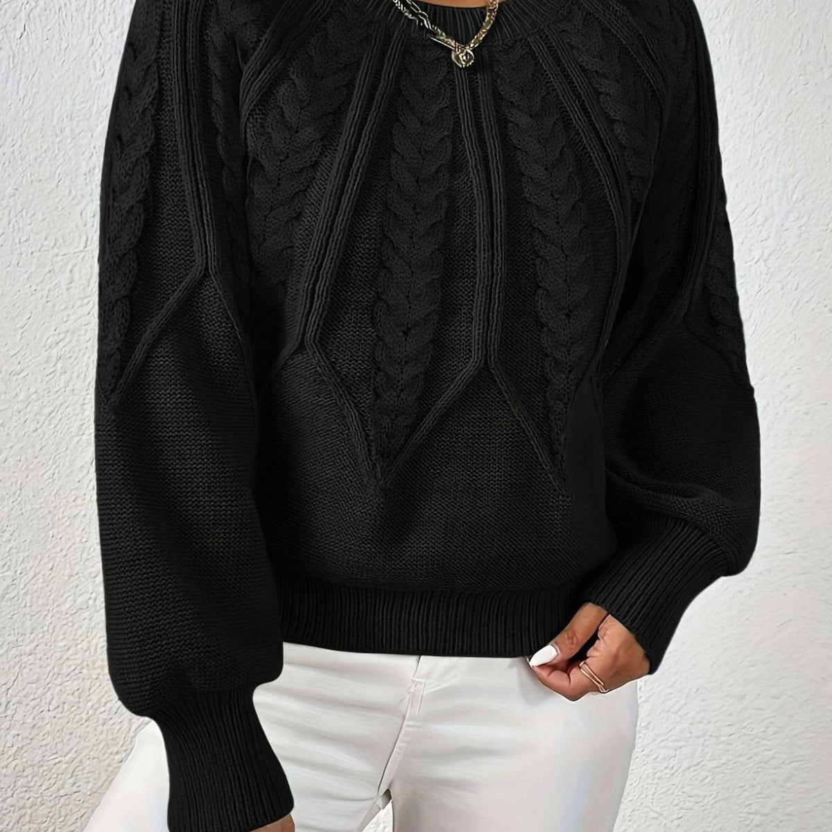 Women's Relaxed Cable-Knit Lantern-Sleeve Sweater - Black