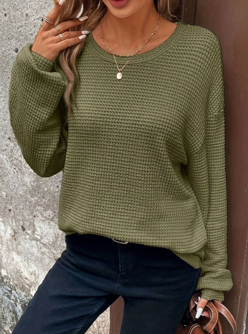 Women's Relaxed Drop-Shoulder Waffle-Knit Crew Neck Sweater