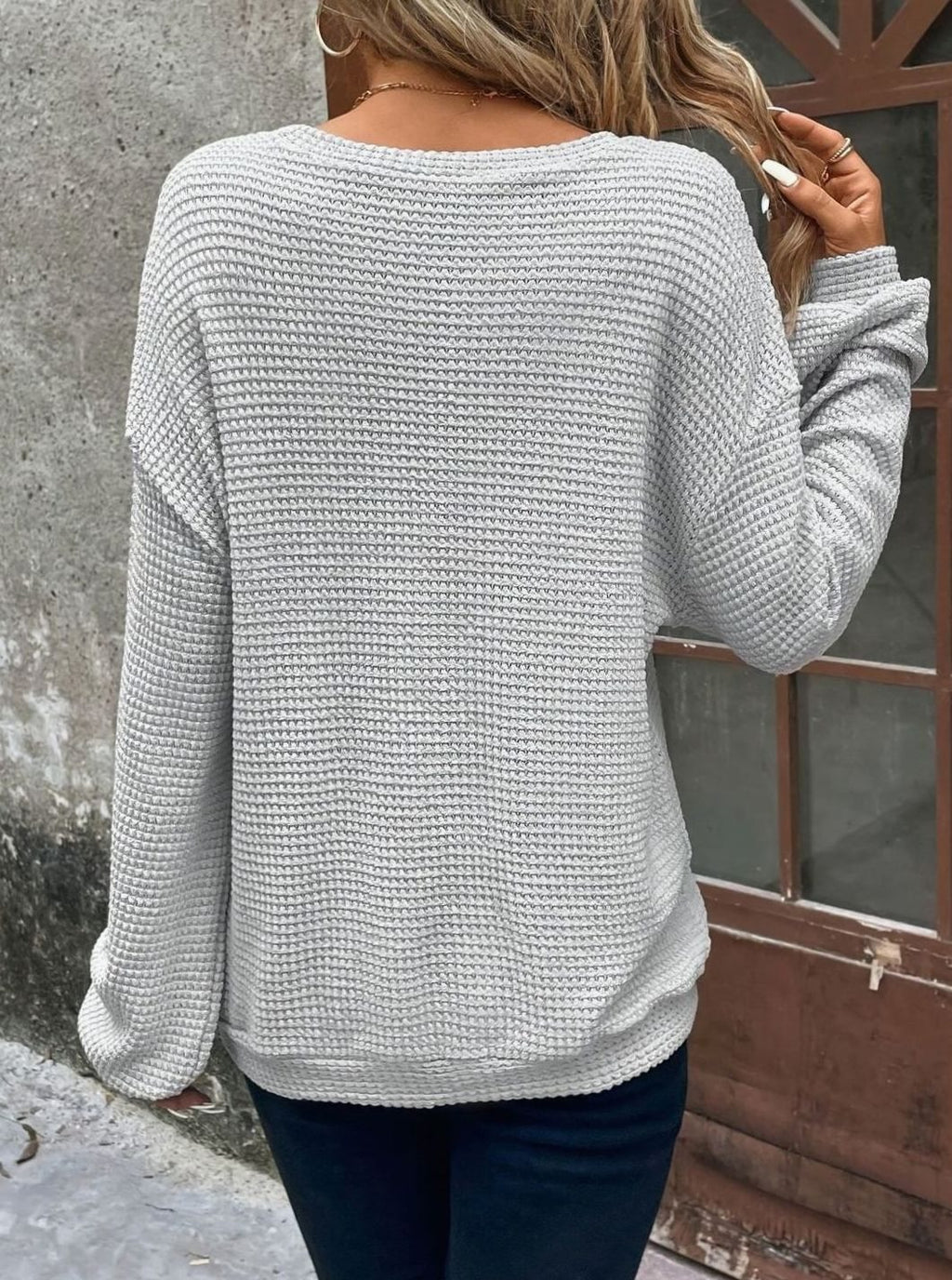 Women's Relaxed Drop-Shoulder Waffle-Knit Crew Neck Sweater